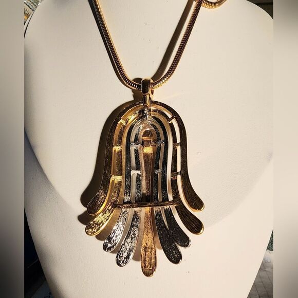 VTG CROWN TRIFARI GOLDTONE & SILVERTONE HINGED NECKLACE MODERNIST DESIGN 16" - Picture 2 of 8